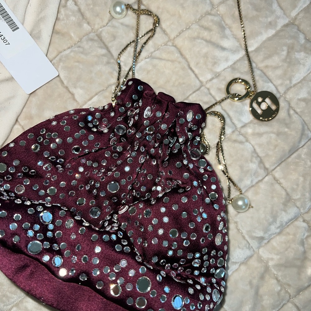 Burgundy Satin Drawstring Evening Pouch with Mirror Studs